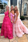 Chiffon Hot Pink Long Prom Dress Cut Out Evening Dress with Ruffled GP759