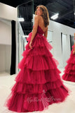 Strapless A Line Tulle Prom Dress Burgundy Ruffles Formal Dress GP770