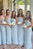 Strapless Light Blue Ruched Satin Fitted Long Bridesmaid Dresses GB404