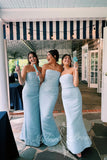 Strapless Light Blue Ruched Satin Fitted Long Bridesmaid Dresses GB404