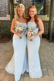 Strapless Light Blue Ruched Satin Fitted Long Bridesmaid Dresses GB404