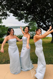 Strapless Light Blue Ruched Satin Fitted Long Bridesmaid Dresses GB404