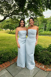 Strapless Light Blue Ruched Satin Fitted Long Bridesmaid Dresses GB404