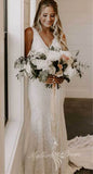 Elegant V Neck Lace Sheath Long Wedding Dress, Ivory Boho Bridal Gown PW589