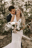 Elegant V Neck Lace Sheath Long Wedding Dress, Ivory Boho Bridal Gown PW589