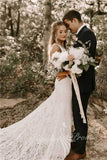 Elegant V Neck Lace Sheath Long Wedding Dress, Ivory Boho Bridal Gown PW589