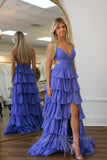 Spaghetti Straps Purple V Neck Long Prom Dress, A Line Ruffled Formal Dress GP773