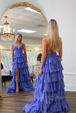 Spaghetti-straps Purple Backless Long Prom Dress Tiered A-Line Formal Dress GP773