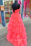 Spaghetti Straps A-Line Prom Dress Pink V-neck Formal Dress with Layered GP765