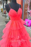 Spaghetti Straps A-Line Prom Dress Pink V-neck Formal Dress with Layered GP765