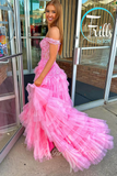 Off the shoulder A-Line Prom Dress Pink Tulle Formal Dress with Tiered GP767