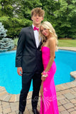 Strapless Hot Pink Satin Mermaid Long Prom Dress, Simple Slit Formal Dress GP762