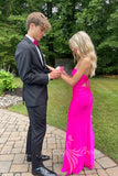 Strapless Hot Pink Satin Mermaid Long Prom Dress, Simple Slit Formal Dress GP762