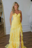 Sweetheart Yellow Pleated Long Prom Dress, A Line Slit Ruffled Formal Dress GP774