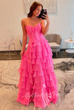 Sweetheart A Line Chiffon Prom Dress Hot Pink Formal Dress with Slit Ruffles GP769