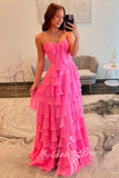 Sweetheart A Line Chiffon Prom Dress Hot Pink Formal Dress with Slit Ruffles GP769