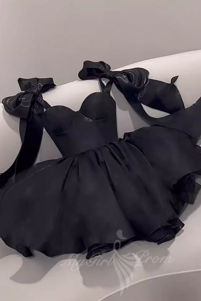 Sweetheart Black Party Dresses Satin Homecoming Dresses with Bowknot G   MyGirlProm.com