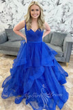 Sparkly A-Line Prom Dress Royal Blue V-neck Formal Dress with Multi-Layer GP764