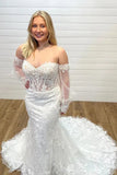 Sweetheart Mermaid Detachable Long Sleeves Wedding Dress, Lace Bridal Gown PW590