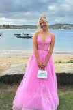 Spaghetti Straps Pink Prom Dress A Line Tulle Formal Dress with Appliques GP786