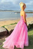 Spaghetti Straps Pink Prom Dress A Line Tulle Formal Dress with Appliques GP786