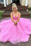 Spaghetti Straps Pink Prom Dress A Line Tulle Formal Dress with Appliques GP786