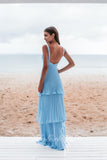 Straps Blue Prom Dress A Line Chiffon Pleated Layered Formal Dress GP787