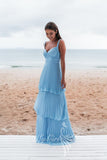 Straps Blue Prom Dress A Line Chiffon Pleated Layered Formal Dress GP787