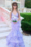 Mermaid Lilac Prom Dress Tiered Evening Gowns with 3D Appliques GP725