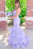 Mermaid Lavender Prom Dress Tiered Evening Gowns with 3D Appliques GP725