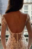 Square Neck Mermaid Long Sleeves Dots Lace Appliques Boho Wedding Dress PW556