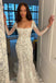 Square Neck Mermaid Long Sleeves Dots Lace Appliques Boho Wedding Dress PW556