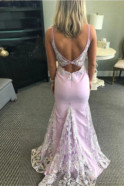 Mermaid Satin Lace V-neck Appliques Prom Dress, Backless Evening Gown GP563