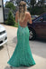 Mint Green Sequin Prom Dress Lace-Up Back Mermaid Slit Long Formal Dress GP666