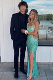 Mint Green Sequin Prom Dress Lace-Up Back Mermaid Slit Long Formal Dress GP666