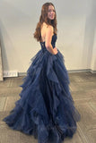 Navy Blue Sparkle Prom Dress A-Line Ruffles Tulle Long Formal Dress GP823