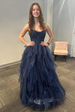 Navy Blue Sparkle Prom Dress A-Line Ruffles Tulle Long Formal Dress GP823