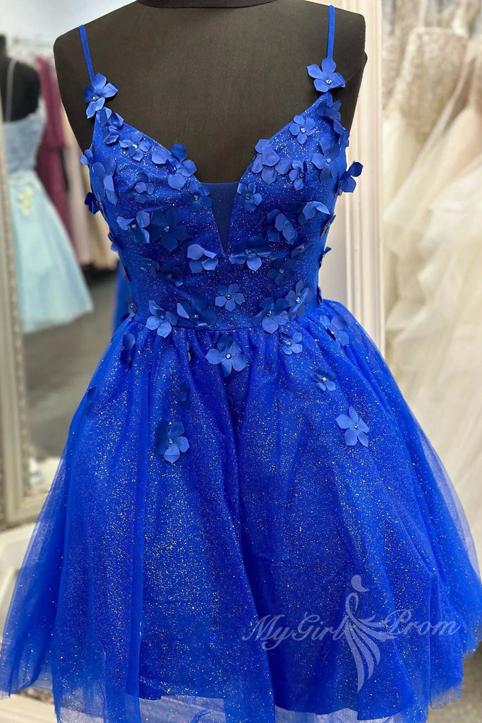 new royal blue glitter straps 3d floral embroidery homecoming dress