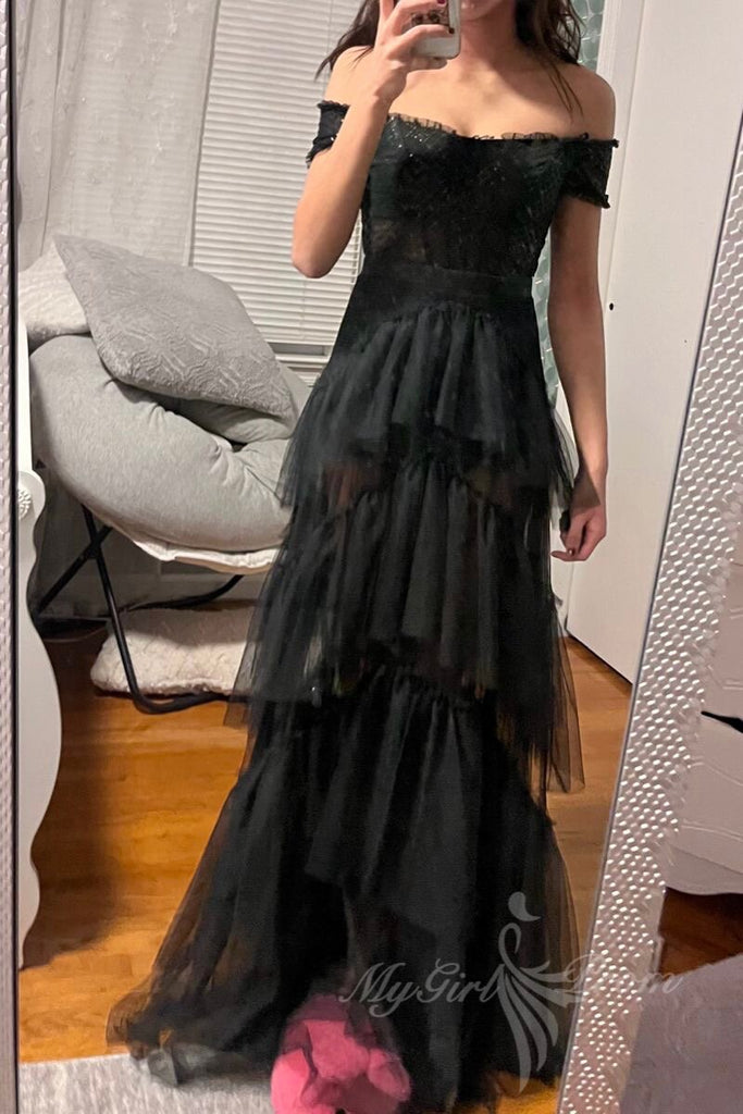 off the shoulder tulle layered black prom dress a line long evening gown