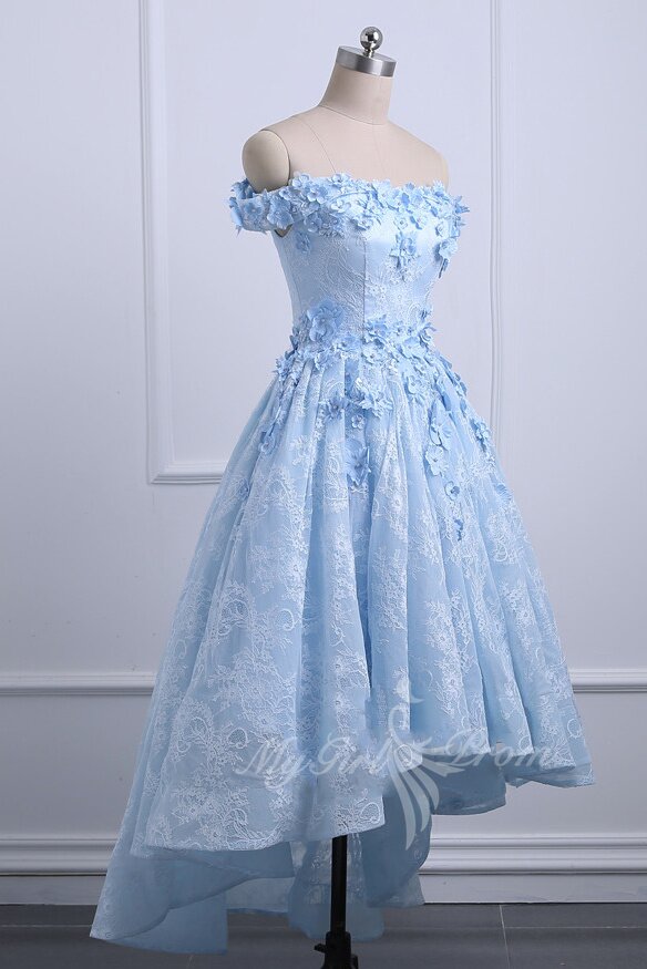 off shoulder high low light blue lace homecoming dresses appliqued prom dress