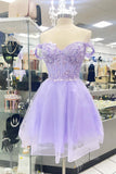 Off Shoulder Lavender Appliques Homecoming Dress Tulle Short Party Dress GM698