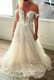 Off the Shoulder A-line Wedding Gown Sparkly Appliques Bridal Gown PW593