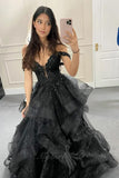 Off the Shoulder Black Lace Long Prom Dress, Black Tulle Evening Dress GP846