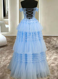 Off the Shoulder Blue Tulle Tiered Prom Dress, Princess Graduation Gown GP653