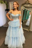 Off the Shoulder Blue Tulle Tiered Prom Dress, Princess Graduation Gown GP653