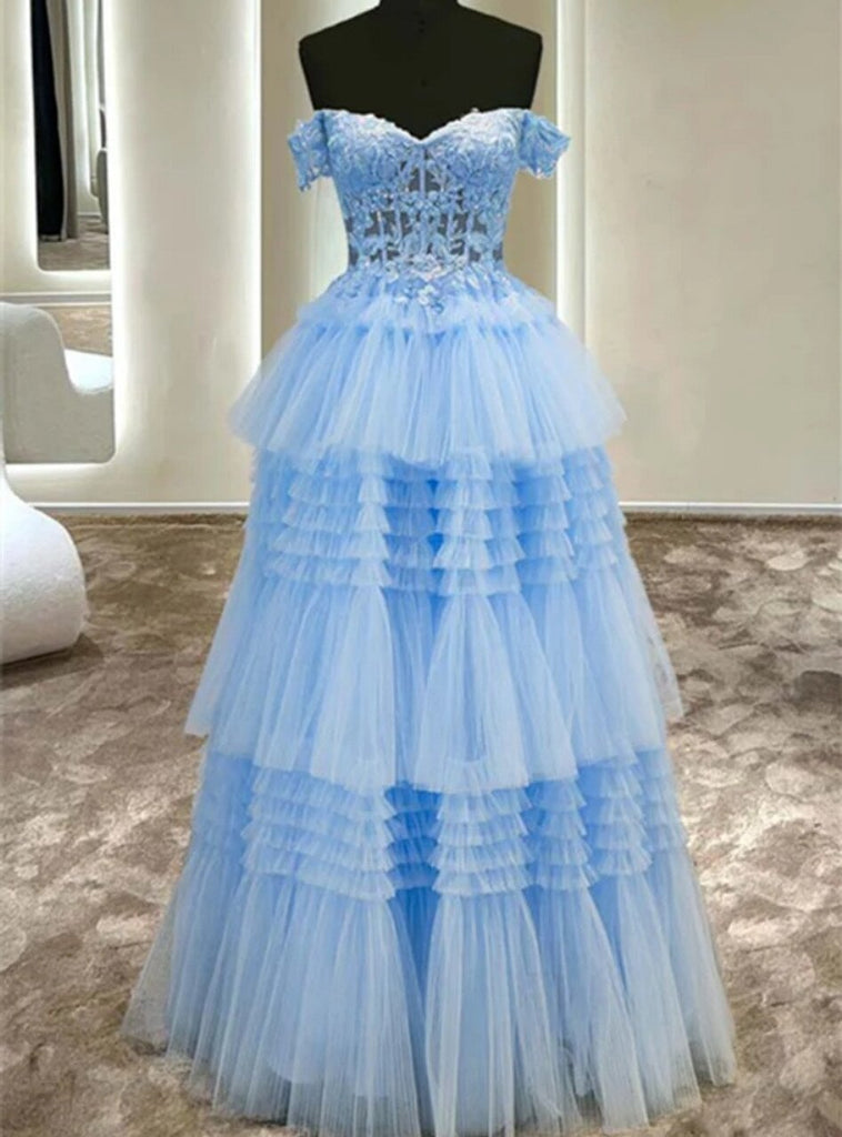 Off the Shoulder Blue Tulle Tiered Prom Dress, Princess Graduation Gown GP653