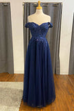 Off the Shoulder Dark Navy Blue Lace Tulle Long Prom Formal Dresses GP609