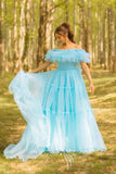 Off the shoulder Tulle Prom Dress A Line Aqua Blue Long Evening Gowns GP720