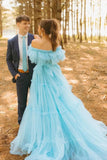 Off the shoulder Tulle Prom Dress A Line Aqua Blue Long Evening Gowns GP720