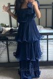 One-shoulder Tiered Plissé Chiffon Prom Dress Navy Blue Formal Gown GP789